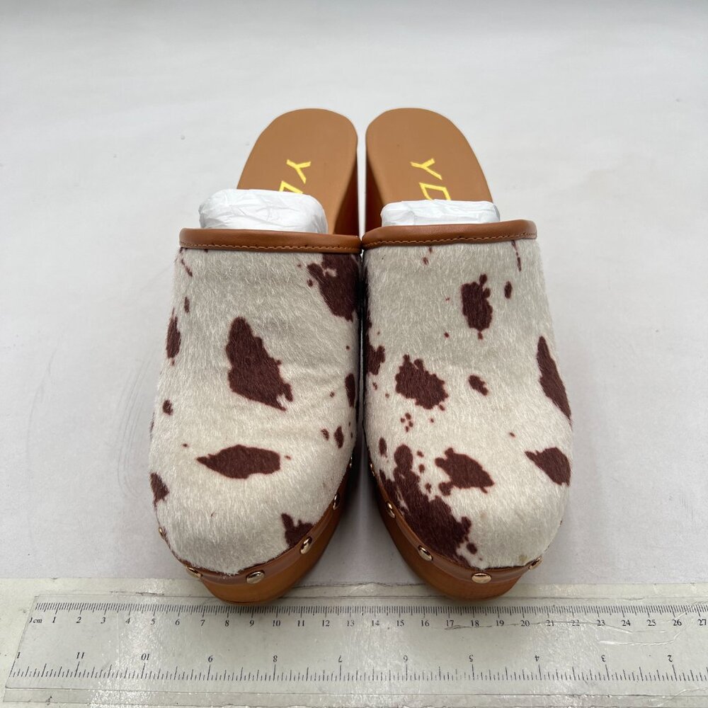 YDN White Cow Platform Slip On Clogs Mules Cork High Heel Round Toe Rivet Sandal - Picture 3 of 8